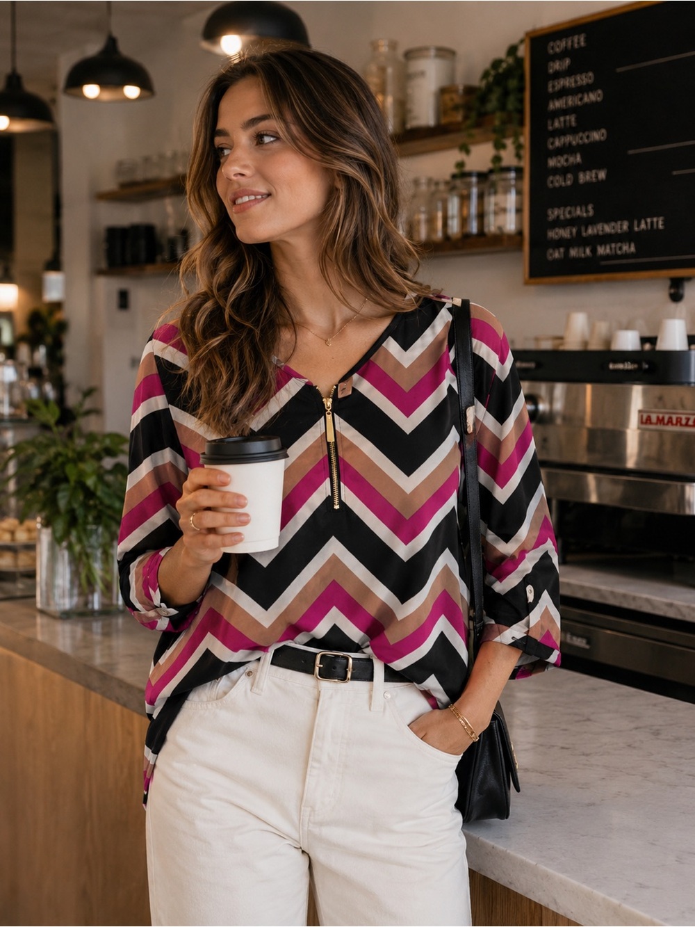 Tacera Pink and Brown Chevron Blouse